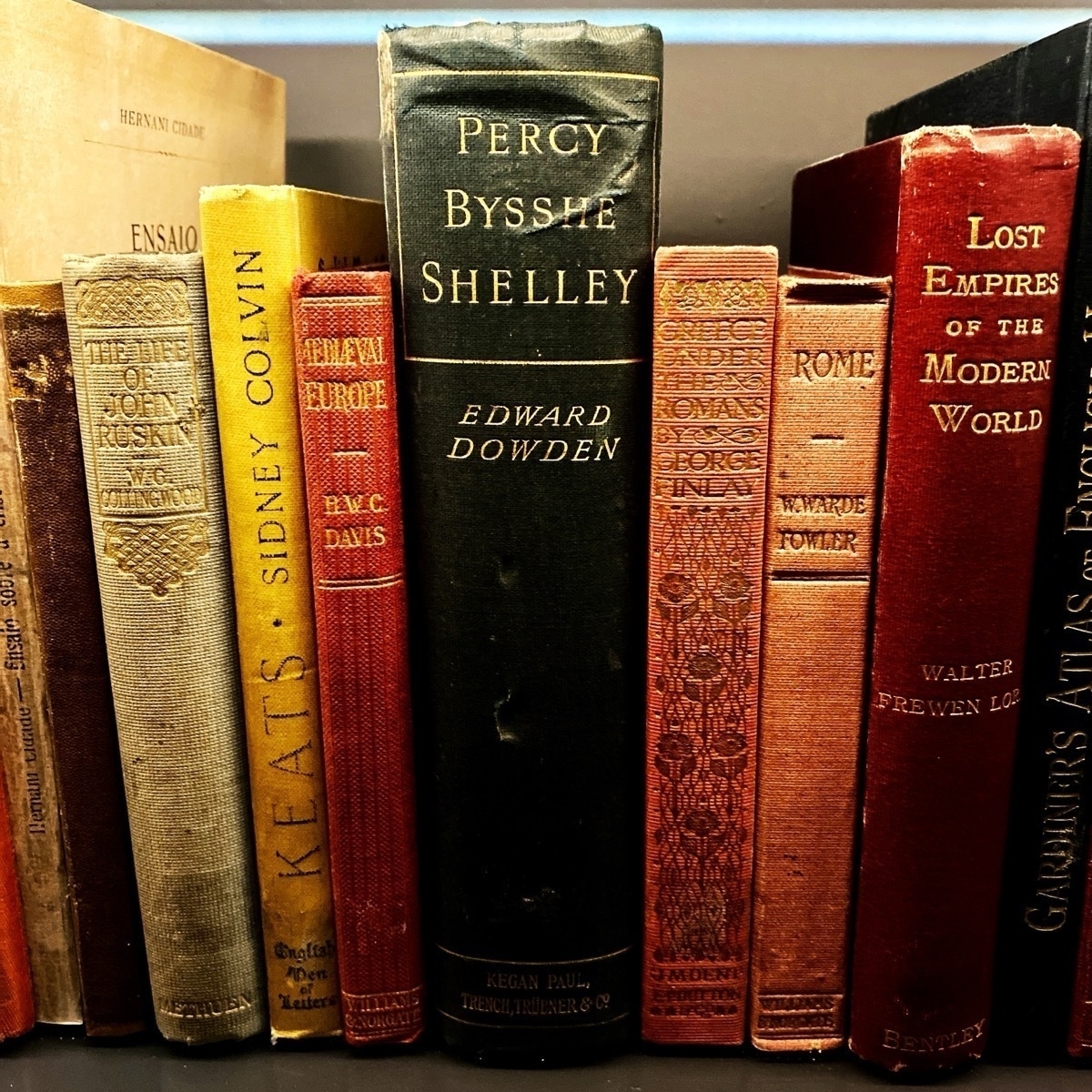 HMOriginal-A2315879-FA87-47AD-A583-FDA83B99F274.jpg A collection of old books with worn spines on a bookshelf, including works by Percy Bysshe Shelley and John Keats