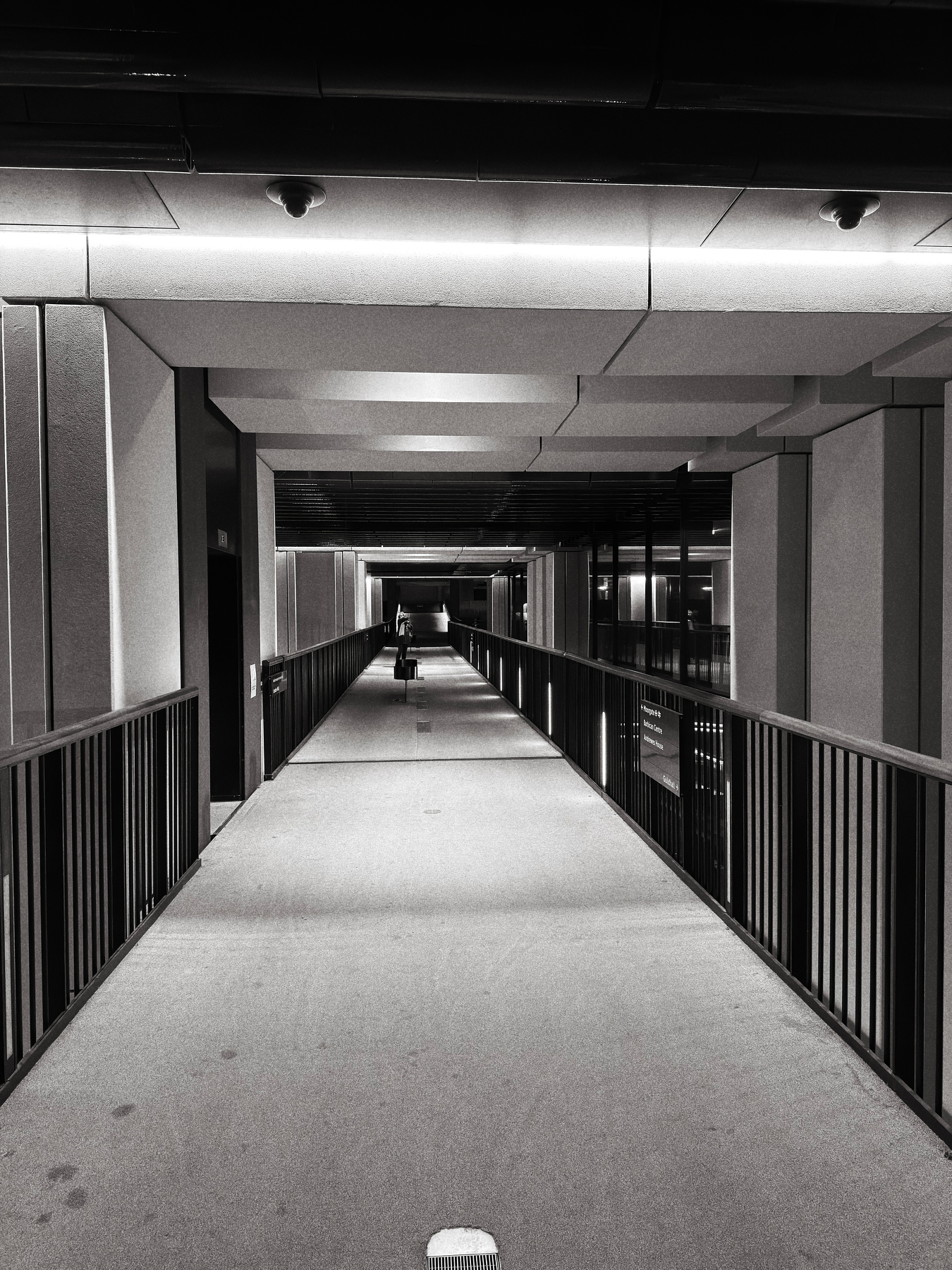 Auto-generated description: A black and white photo depicts a person walking along a modern, well-lit corridor with railings on both sides.